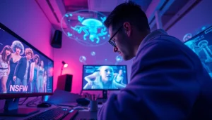 Futuristic workspace showcasing NSFW AI technology development with immersive visuals.