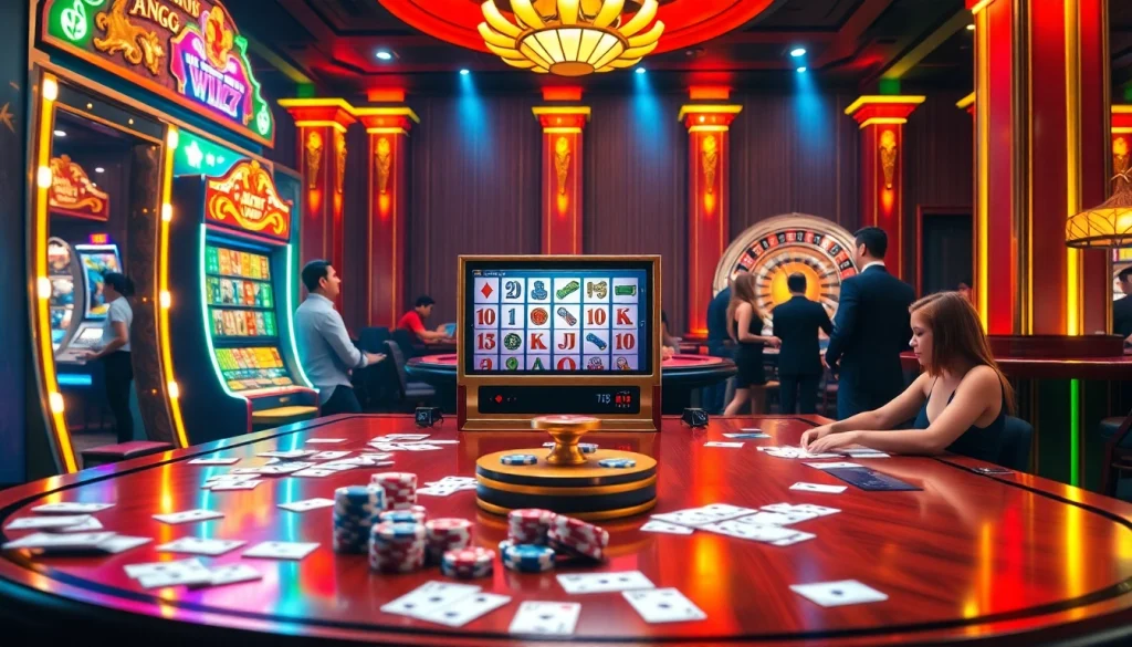 Experience the thrill of playing mahjong slot demo in a vibrant casino setting with elegant slot machines.