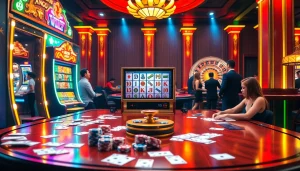 Experience the thrill of playing mahjong slot demo in a vibrant casino setting with elegant slot machines.