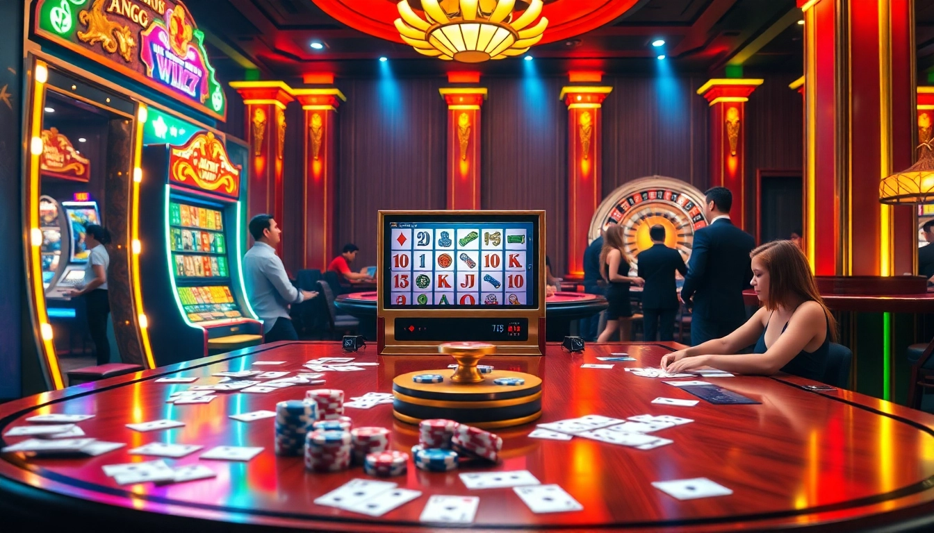 Experience the thrill of playing mahjong slot demo in a vibrant casino setting with elegant slot machines.