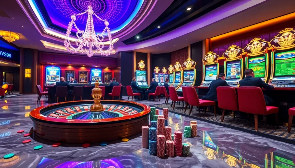 Players at nhà cái vua99 engage in lively gambling activities, with poker chips and a spinning roulette wheel.