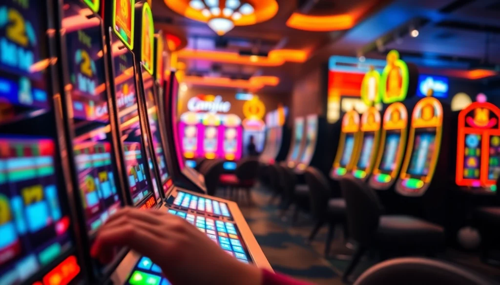 Permainan slot depo 1k dengan mesin slot berwarna cerah dan pemain yang bersemangat.