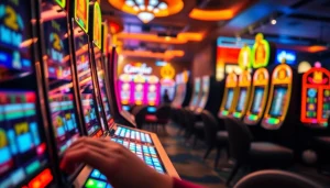 Permainan slot depo 1k dengan mesin slot berwarna cerah dan pemain yang bersemangat.