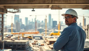 Manhattan General Contractor managing a bustling construction site with a city skyline backdrop.