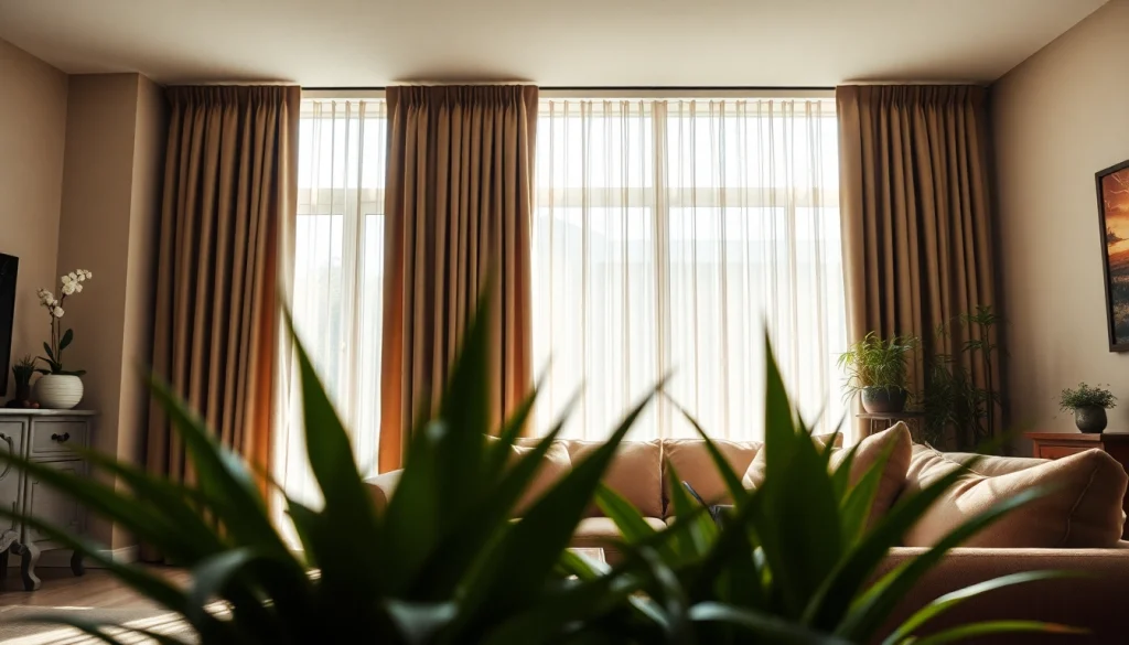 Geniet van stijlvolle verduisterende gordijnen in een serene woonkamer die de ruimte verfraaien.