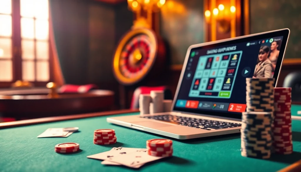 Découvrez le luxe du casino en ligne français avec des jetons de poker et une interface de jeu lumineuse.