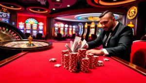 Vivez des sensations fortes et de l'excitation dans un élégant casino en ligne français avec une table de poker dynamique et une roulette.
