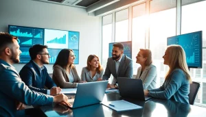 Team analyzing b2b competitive intelligence data in a sunlit conference room.