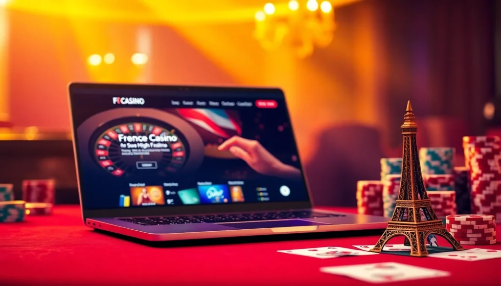 Découvrez l'excitation du casino en ligne français avec des visuels vibrants de jetons de poker et d'une roulette tournante.