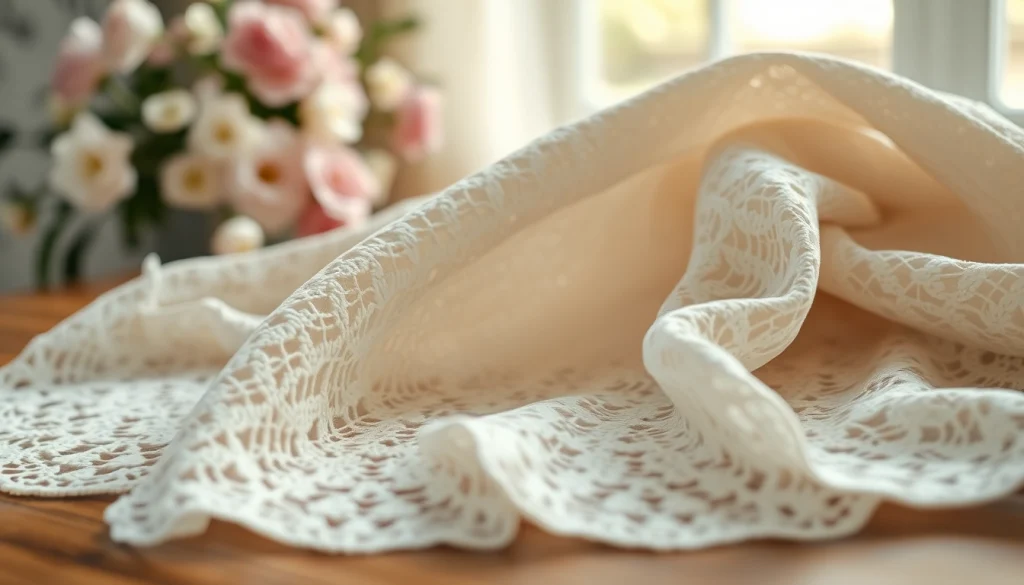 Kanten stof per meter met delicate patronen prachtig gepresenteerd op een houten tafel.