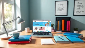 Youdao language learning workspace with modern devices and colorful dictionaries.