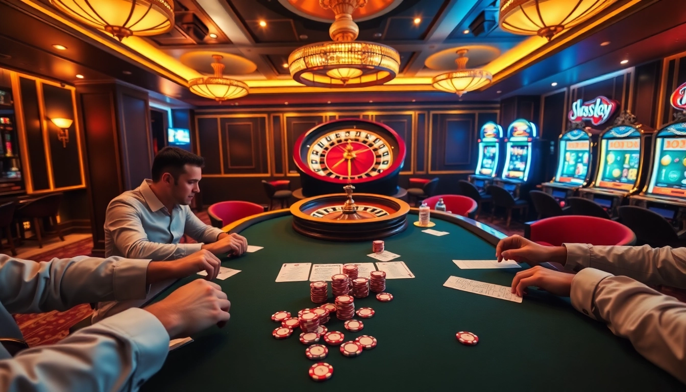 Atmosphère excitante d'un casino en ligne français avec des joueurs à une table de poker et un éclairage dynamique.