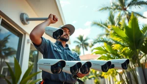 Cámaras de seguridad en Guanacaste instalándose por un técnico en un entorno doméstico moderno.