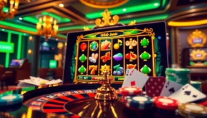Scène de jeu en ligne engageante mettant en avant des éléments de casino en ligne français comme des machines à sous et des jetons de poker.