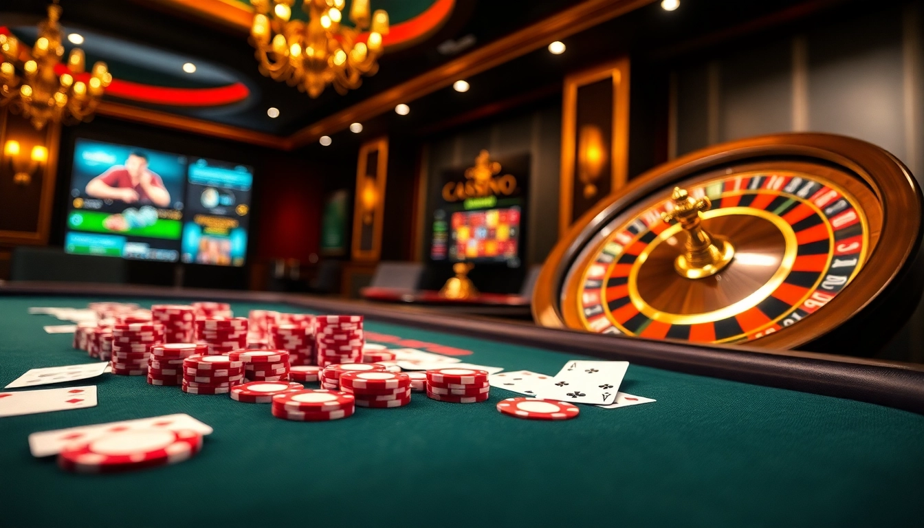Participez à des jeux captivants de casino en ligne français avec des jetons de poker vibrants et des roues de roulette élégantes.