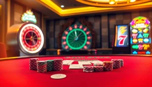 Découvrez l'excitation du casino en ligne français avec des jetons de poker vibrants et une roulette tournante.