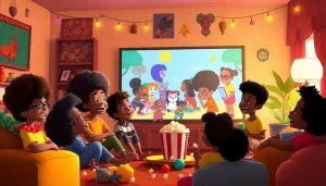 A diverse group of children enjoying African American cartoons together in a cozy living room.