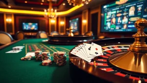 Découvrez une action dynamique dans un casino en ligne français avec des jetons de poker, des cartes et de la roulette.
