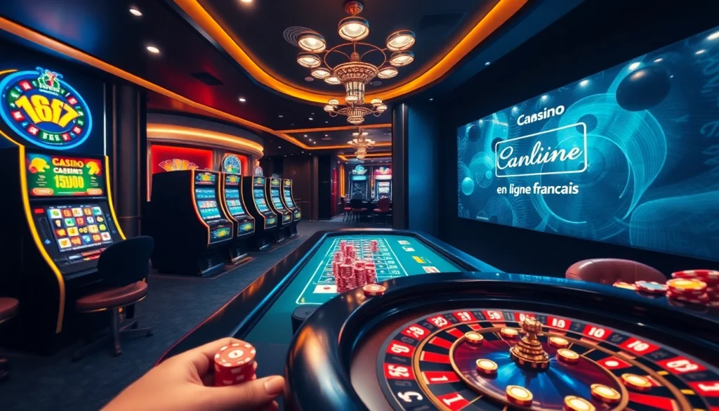 Interface numérique engageante d'un casino en ligne français avec roulette, jetons et lumières vibrantes.