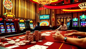 Experience high-stakes gaming with vin777 at a lavish casino table featuring vibrant poker chips and cards.