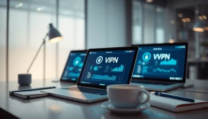 在现代工作区的多设备上显示的快连VPN界面。