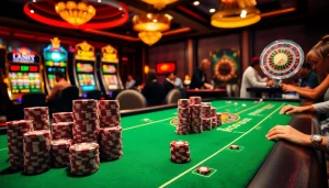 Action intense au poker dans un casino en ligne français avec des jetons élégants et un éclairage chaleureux.