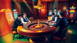 Joueurs profitant d'un jeu à enjeux élevés dans un luxueux casino en ligne français avec des jetons de poker vibrants et des roues de roulette.