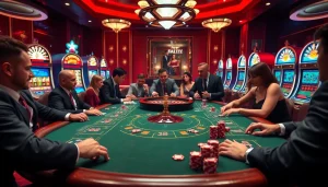 Des joueurs profitant d'un jeu à enjeux élevés à une table luxueuse dans un cadre de casino en ligne français.