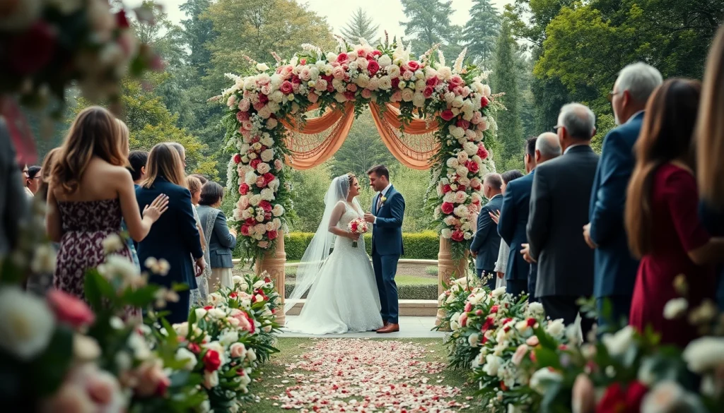 Beautiful wedding photography capturing a couple under a floral arch during their outdoor ceremony.