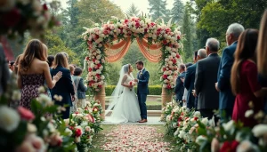 Beautiful wedding photography capturing a couple under a floral arch during their outdoor ceremony.
