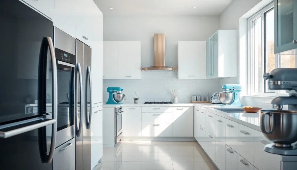 Showcase of modern home appliances featuring stainless steel designs in a stylish kitchen.