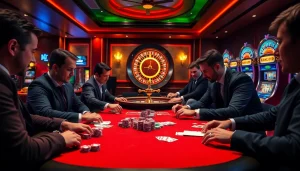 Joueurs engagés profitant d'un jeu à 'casino en ligne français' avec des jetons et des cartes.