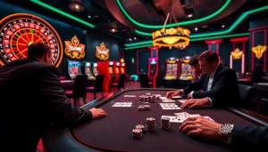 Joueurs engagés à une table de poker 'casino en ligne français' avec des jetons et des cartes colorés.