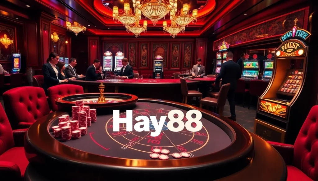 Experience thrilling gameplay at Hay88 with a vibrant casino scene showcasing poker, roulette, and slot machines.