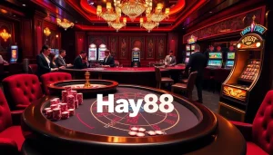 Experience thrilling gameplay at Hay88 with a vibrant casino scene showcasing poker, roulette, and slot machines.