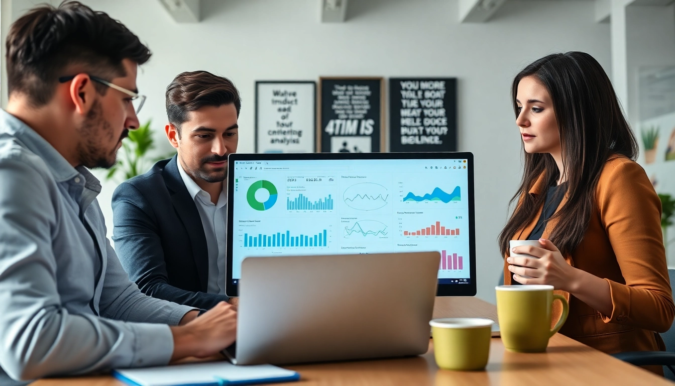 Marketers engaged in AI for competitor analysis using data analytics in a modern office.