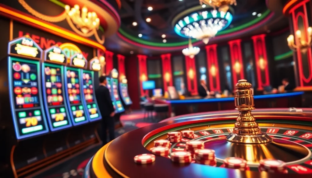Scène captivante d'un casino en ligne français avec des machines à sous vibrantes, des jetons de poker et une roue de roulette.