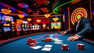 Scène captivante de casino en ligne français avec des jetons de poker, des cartes et des machines à sous dans un cadre luxueux.