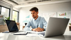 Engaging scene of FCPA/DCAA/Flowdown/ITAR/EAR compliance consultant analyzing documents in a modern office.