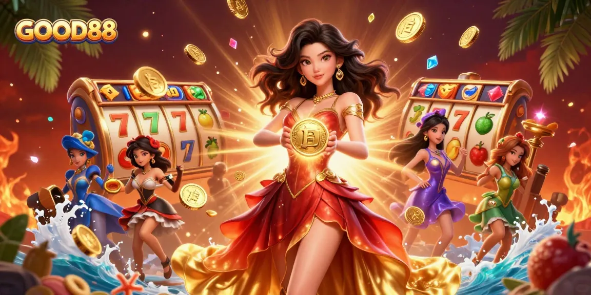 Experience dynamic gameplay and winning moments at GOOD88 casino with vibrant slots and golden treasures.