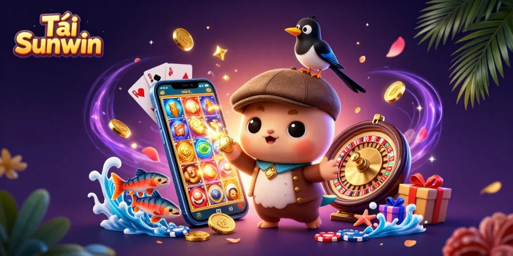 Experience the excitement of Tải Sunwin with colorful slot games and charming characters in a vibrant 3D scene.