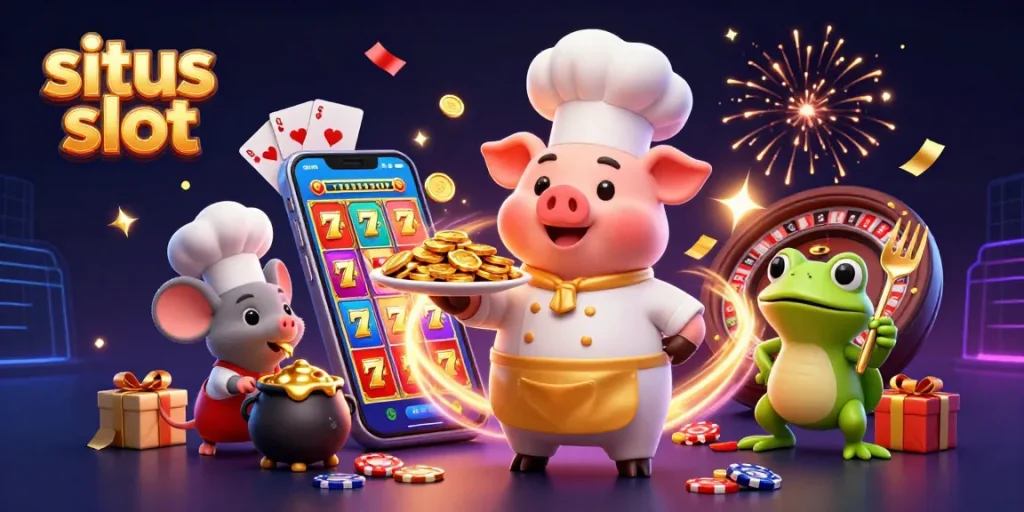 Engage with top situs slot games featuring a chef pig, sous-chef mouse, and critic frog amidst gold coins and vibrant gameplay.