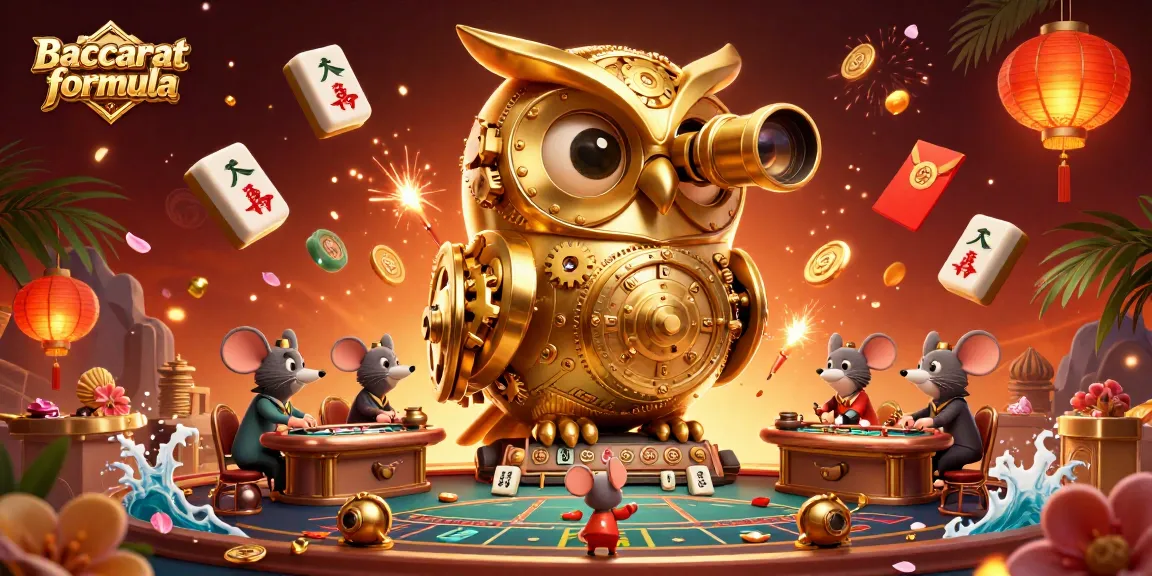 Engage with the Baccarat formula in an intricately designed casino scene featuring a golden owl and animated backdrop.