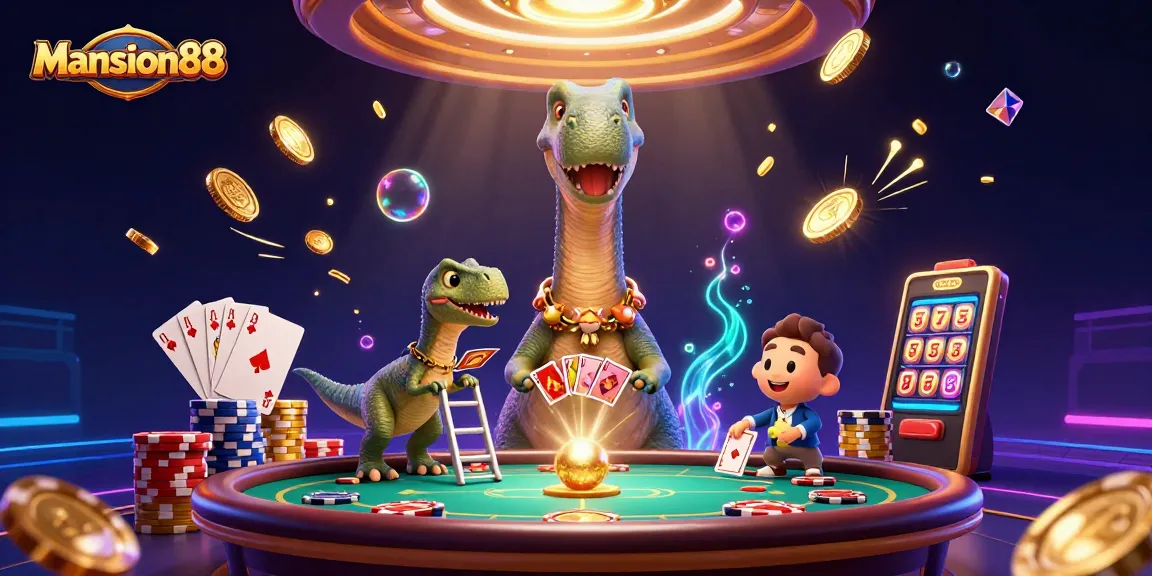 Mansion88 offers a vibrant 3D scene with iconic characters engaging in dynamic gambling activities.