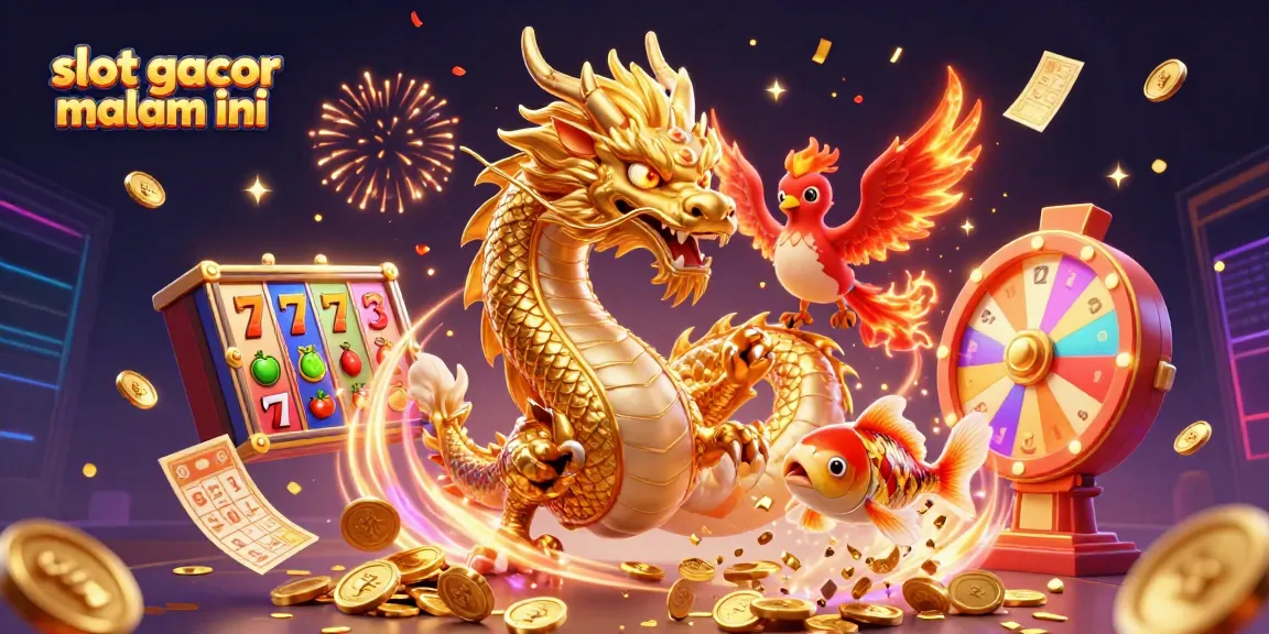 Play slot gacor malam ini with vibrant casino elements, including a golden dragon and colorful slot reels.