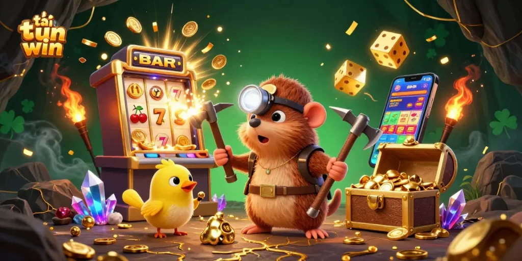 Spin and win big with tải sun win, featuring a vibrant treasure-filled casino scene with a treasure hunter and exciting jackpots.