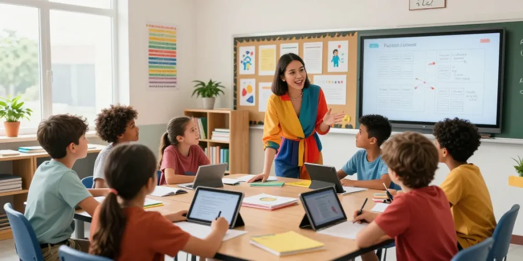 Dynamic scene of a teacher using an online teacher planner with students in a diverse classroom, showcasing EMStudio's classroom management application collaboratively.