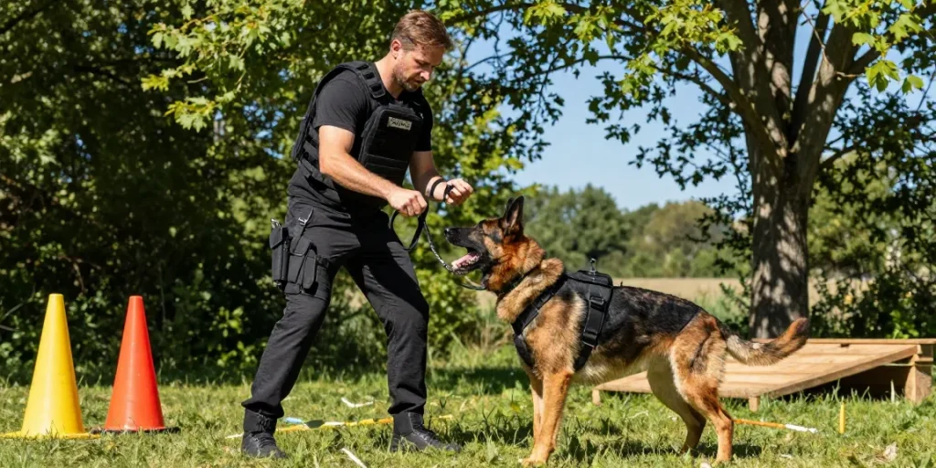 Handler training dog with ROKOK88 tactical gear outdoors.