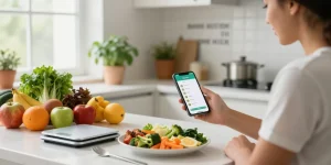 Focused individual using the best calorie tracker app in a bright kitchen filled with fresh ingredients.