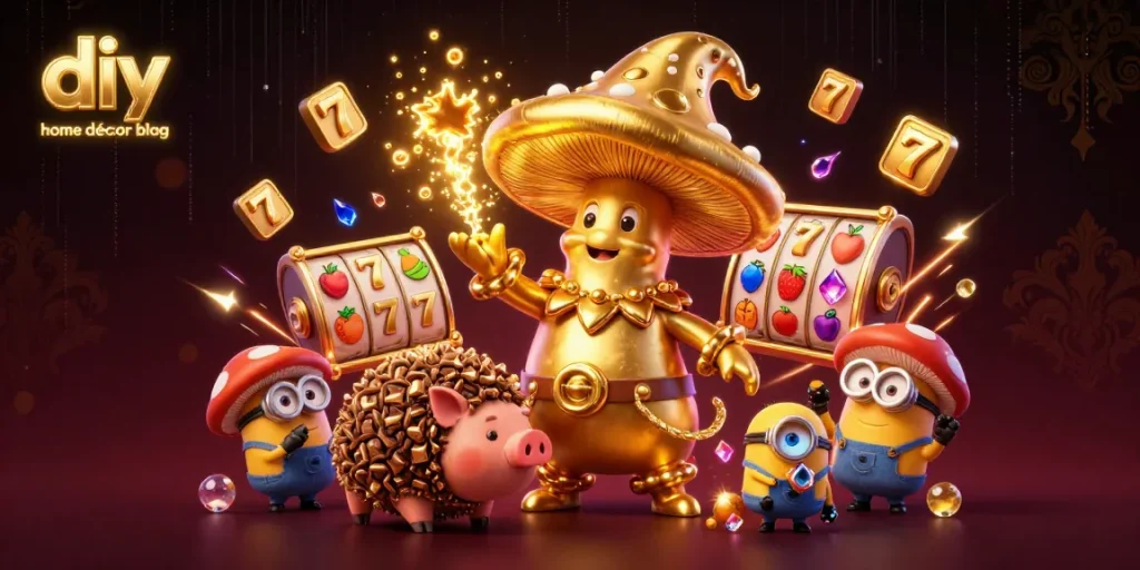 Engage with a vibrant diy home décor blog featuring a golden mushroom wizard and slot machine elements.